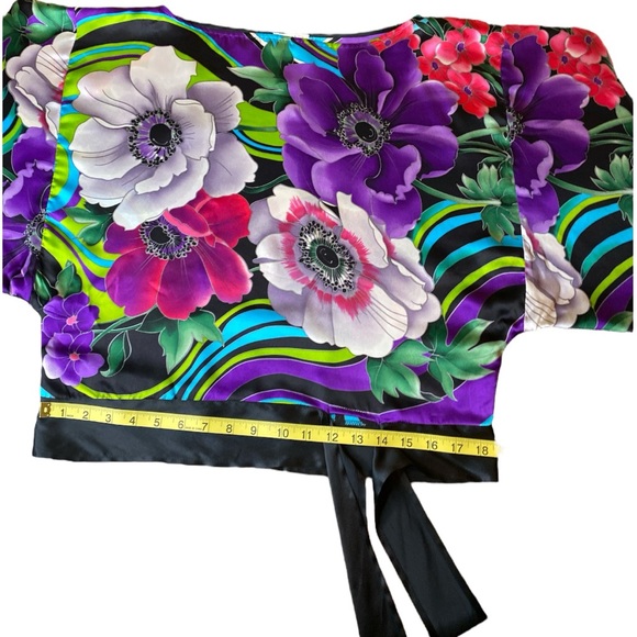100% Silk Caché Kimono Blouse Bright Colorful Floral Pattern Side Tie Sz Small - Picture 5 of 9